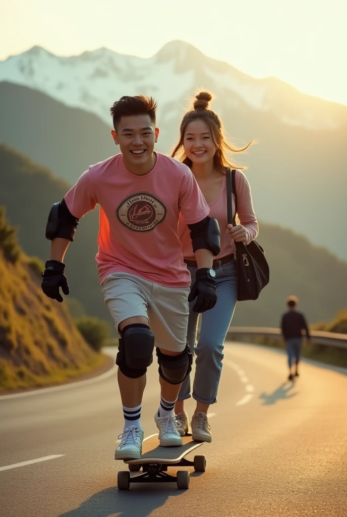 An adrenaline-filled shot of a couple romantic Korean man with man undercut stick hair and beautiful woman modern Bun hair T shirt pink trendy covered in on his arms, confidently riding a skateboard down a winding mountain road, framed by the golden light of the setting sun. He is wearing a pink T shirt trendy with a vintage AYANK logo on his chest and a bag on his back, and RIFED shorT The COUPLE man AND WOMAN smiles Hug warmly at the camera, his hands protected by black gloves, adding a personal touch to the thrilling scene. He also wears knee and elbow pads, ensuring safety as he navigates the turns with ease. The background features rolling green hills and snow-capped mountains in the distance, creating a stunning contrast to the rider’s dynamic movements, amplifying the excitement. In the distance, another figure is visible, adding depth to the scene. The image exudes the thrill of downhill skateboarding, the beauty of the natural scenery, and the fearless energy of the rider, with an Instagram-worthy atmosphere.