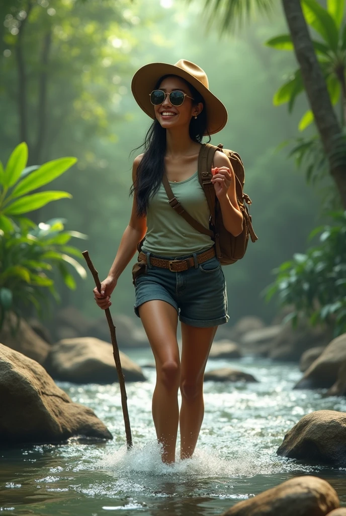 Photorealism 1.4 realistic realism high detailed definition  Malay adult women crossing river river stream wearing adventure attirecamping  backpack smile  hold stick   river stream  water level at waist wearing sunglasses jungle hats river stream rock long trousers 