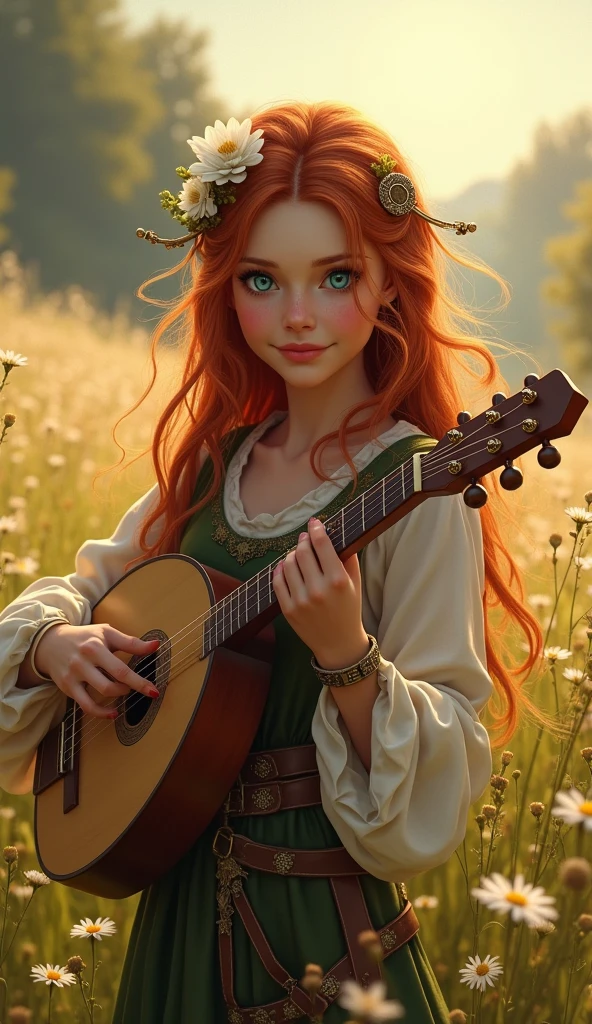Halfling female from baldur's gate, best quality, ultra-detailed CG unity 8k wallpaper, playing a lute, high resolution, dynamic pose, beautiful face, (medieval bardic attire,white flower, hair ornament, blue eyes), depth of field, sunny plains, magic light), flirtatious smile, (high fantasy)
