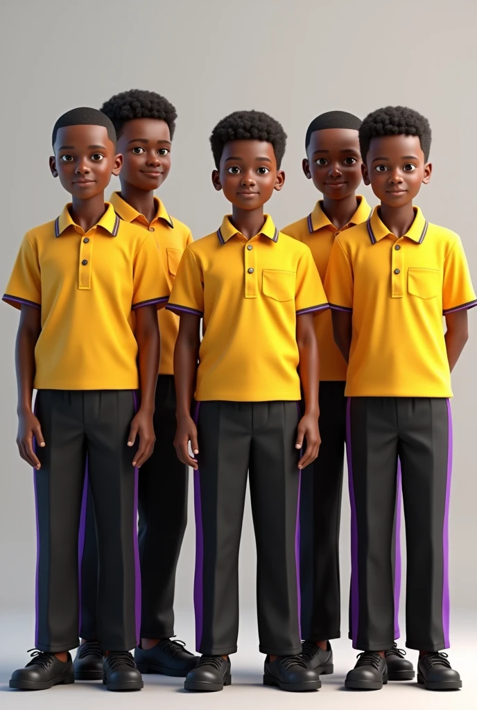 3D drawing of bunch of boys wearing uniforms which are yellow buttons shirts with black pants with a purple strip on the side of the pants. The naem of the school is Porth Moresby national school of excellence.