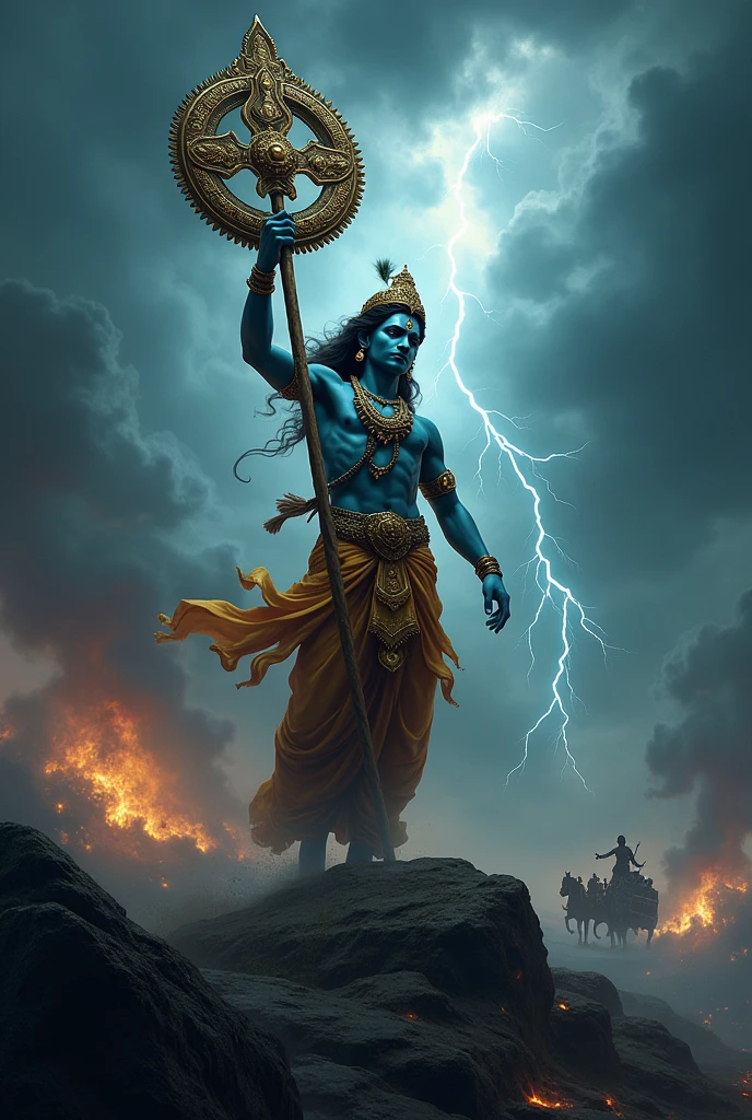 Shree Krishna lifting the chakra.with background thunder storm .radham in background.with war scenario