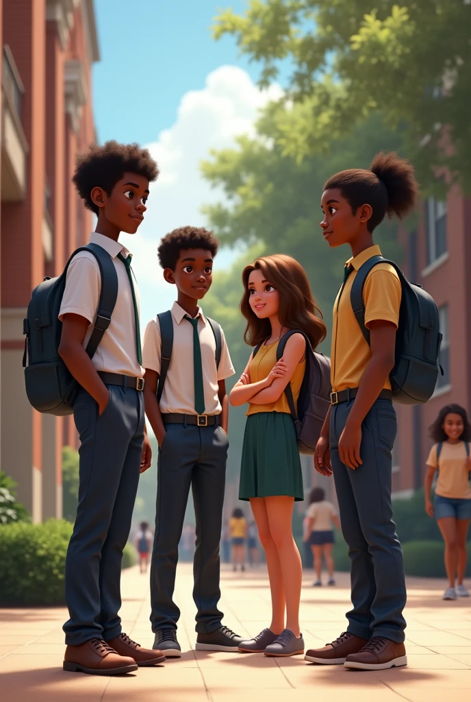 Two teenage black boys and two teenage black girls in a university background. The two boys are properly dressed. The two girls are properly dressed and crossing their arms.