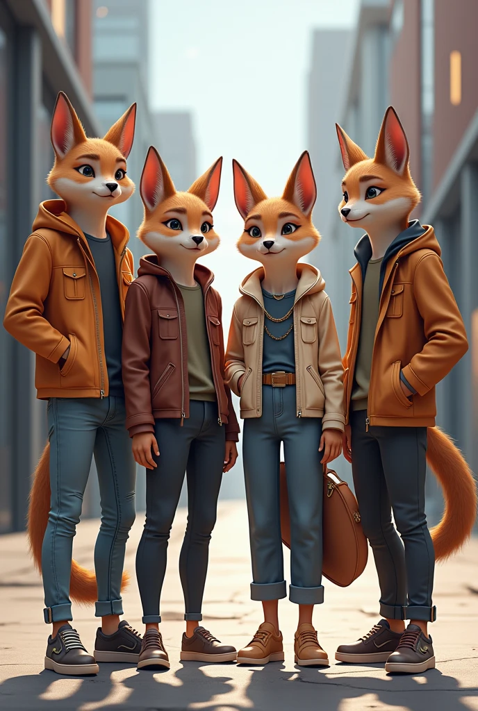 Four teenage animals dressed in fashion together 3 males and 1 female