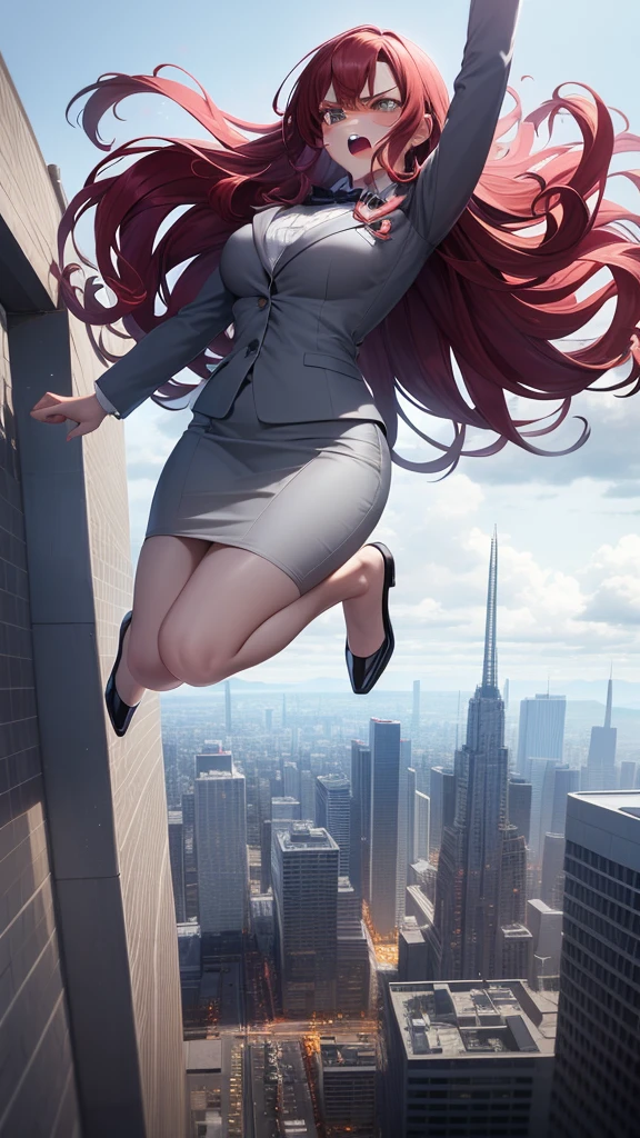 masterpiece, best quality, high detail, beautiful angry business woman, jumping, leap, falling, solo focus, long wavy hair, red hair, (gray blazer), (gray midi pencil skirt), long gray skirt, wide hips, cloudy sky, view from above, atmospheric perspective,