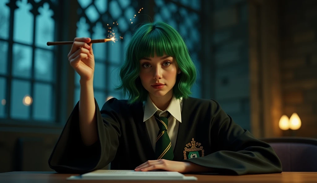 Cinematic photorealism, Photography, Girl - Hogwarts Hufflepuff student sitting at a table and practicing spells with her magic wand. waving her magic wand. The girl is dressed in a black school robe and striped tie. Her emerald green hair is styled into a chic layered bob. dark hogwarts evening, night outside the window. the girl has a wooden magic wand in her hand. a focused expression on her face.