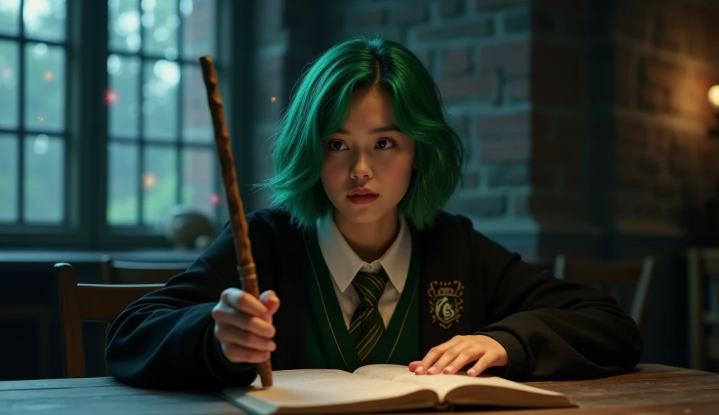 Cinematic photorealism, Photography, Girl - Hogwarts Hufflepuff student sitting at a table and practicing spells with her magic wand. waving her magic wand. The girl is dressed in a black school robe and striped tie. Her emerald green hair is styled into a chic layered bob. dark hogwarts evening, night outside the window. the girl has a wooden magic wand in her hand. a focused expression on her face. 