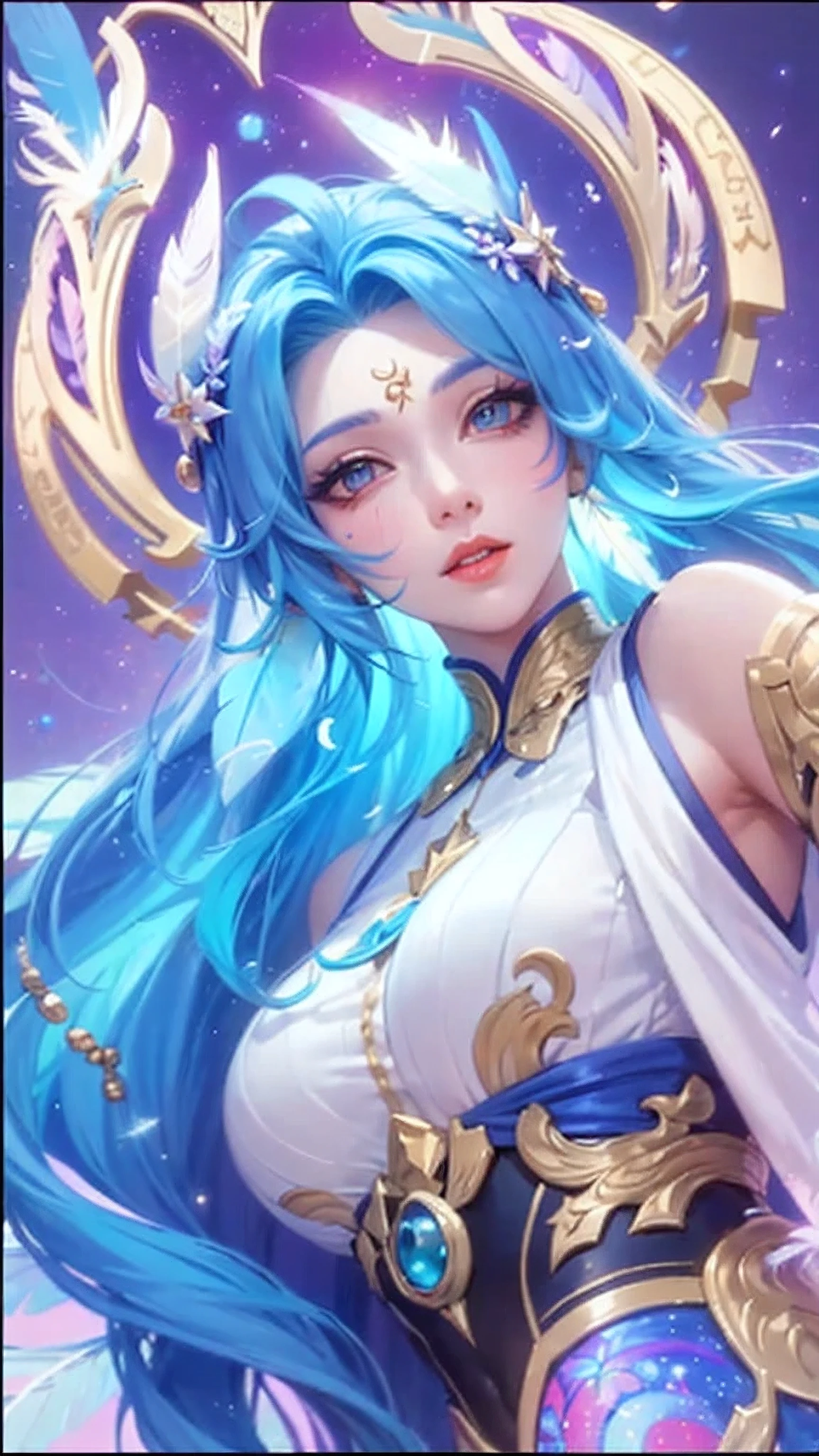 a close up of a woman with blue hair and a blue dress, portrait knights of zodiac girl, beautiful celestial mage, inspired by Lan Ying, goddess of galaxies, artgerm lau, celestial goddess, inspired by Ju Lian, heise jinyao, seraphine ahri kda, ashe, artgerm detailed, irelia, inspired by Huang ShenHD, (Best Detail), (Best Quality), Detailed Features, (Colored Feathers:1.5), Metal Ornaments, Particles, Light, (Fractal Art: 1.1), (Colorful: 1.1), Highest Detailed, (Zentangle: 1.2), (Abstract Background: 1.3), (Shiny skin), (many colors:1.4), (feathers:1.4),
