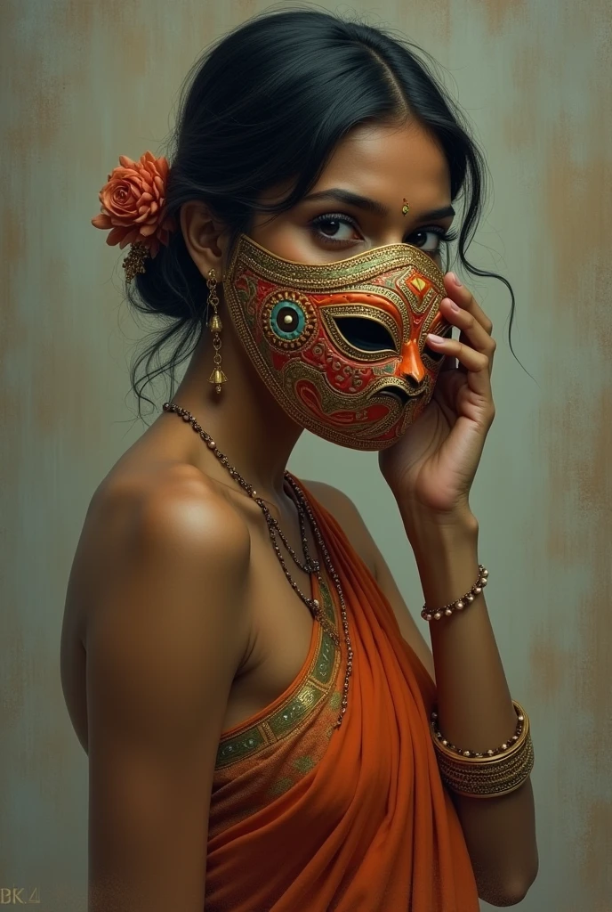 Girl wears mask indian  covering with her right hand