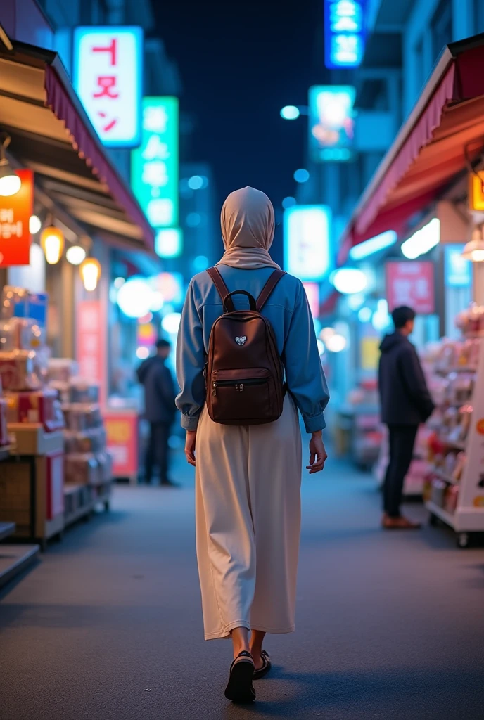 Ultrawide shoot photography (Back view) A woman wears a faded cream colored hijab, blue long-sleeved shirt, aida backpack, long cream colored skirt, and sandals. I was walking and looking at the shops in Itaewon Korea at night. Vibrant blue and purple hues
