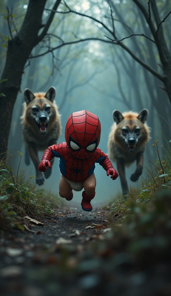 This image shows an adorable little Fact Spiderman baby running scared down a forest path. A dangerous looking hyena is running behind him, whose mouth is open and its teeth are visible. It looks like she is chasing Fact Spiderman's child. Another hyena is also visible in the background. Real Story