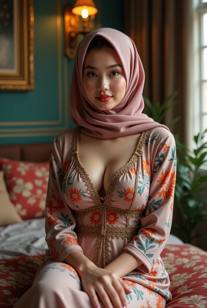 masterpiece, Top quality, Perfect body, Delicate facial details, Facial details, Full body, One Malay girl wearing hijab, Solo, Rough breath, Shy expression while crying, Sloppy open mouth, Red eyes, drooping eyes, Brown hair, Chingnon short hair, Pretty Malay girl, ((flat chest: 1.5)), boudoir, bed, on the bed, folded ((spread the legs: 1.5)), ((spread the pussy: 1.2))