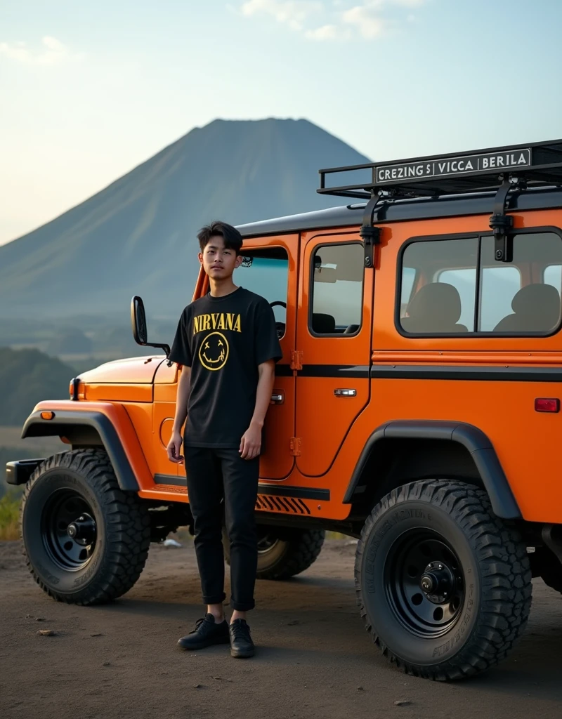 Stunning professional photo of a Korean young man , standing next to a classic beige Jeep parked in front of Mount Bromo. Wearing black tshirt NIRVANA he posed near a orange Jeep equipped with radial tires, brightly colored windows and black accents, exuding a sense of adventure. The Bromo savanna illuminates the landscape, creating a harmonious blend of modern and classic elements
Ultra-realistic 8K photograph, shot with a Leica Q2, strong color contrast and sharp clarity --quality 2 --