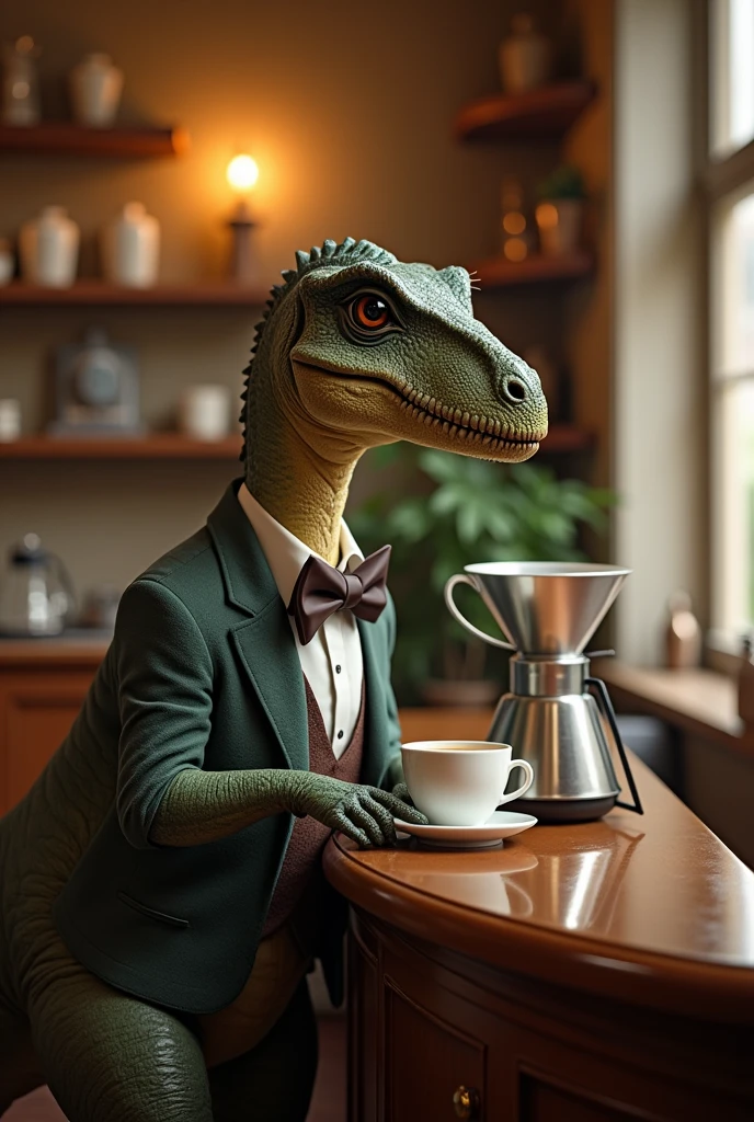 Dinosaur in a bow tie、A dinosaur elegantly brewing coffee in a classical cafe、By drip
、Over the counter