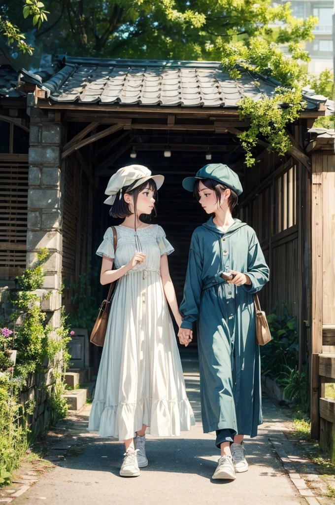 (masterpiece、Highest quality、Highest quality、Beautiful and beautiful:1.2)、(pastel:1.2)、Standing posture、Bobcut、Beautiful round blue eyes、The morning light shines in my eyes、stroll、Newsboy cap、カジュアルなLong Dressース、Light blue、Sneakers、break、holding hands with her little sister、Warm hands、We look at each other and laugh、Birds chirping、Pure、charm、Newsboy cap、Long Dress、Sneakers、Light green leaves、Dark green leaves、Beautiful art