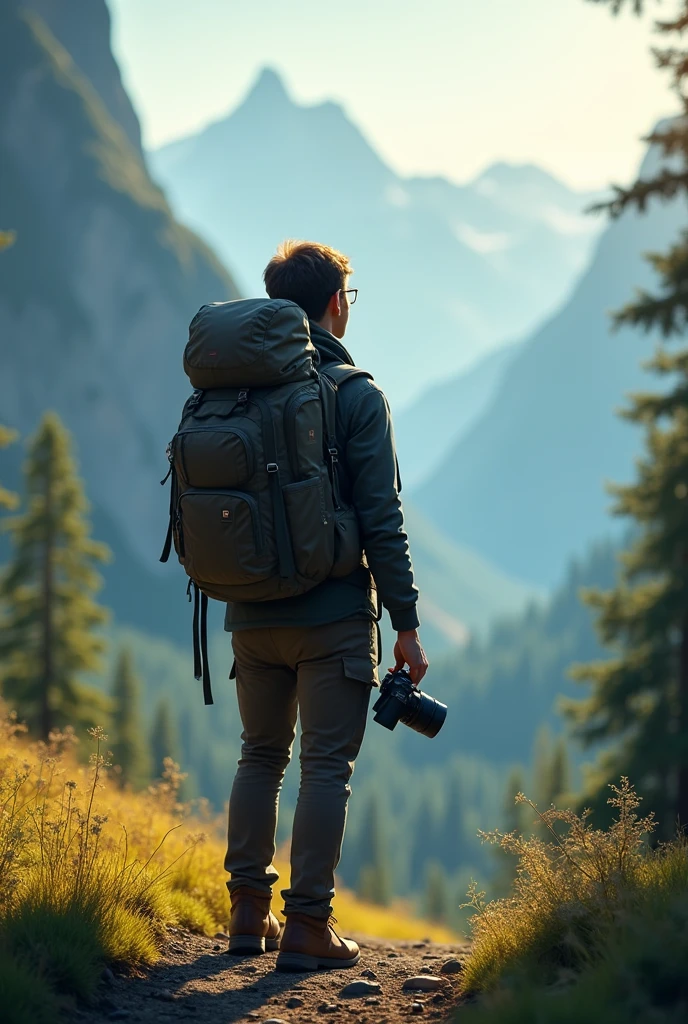 from behind backpacker with camera