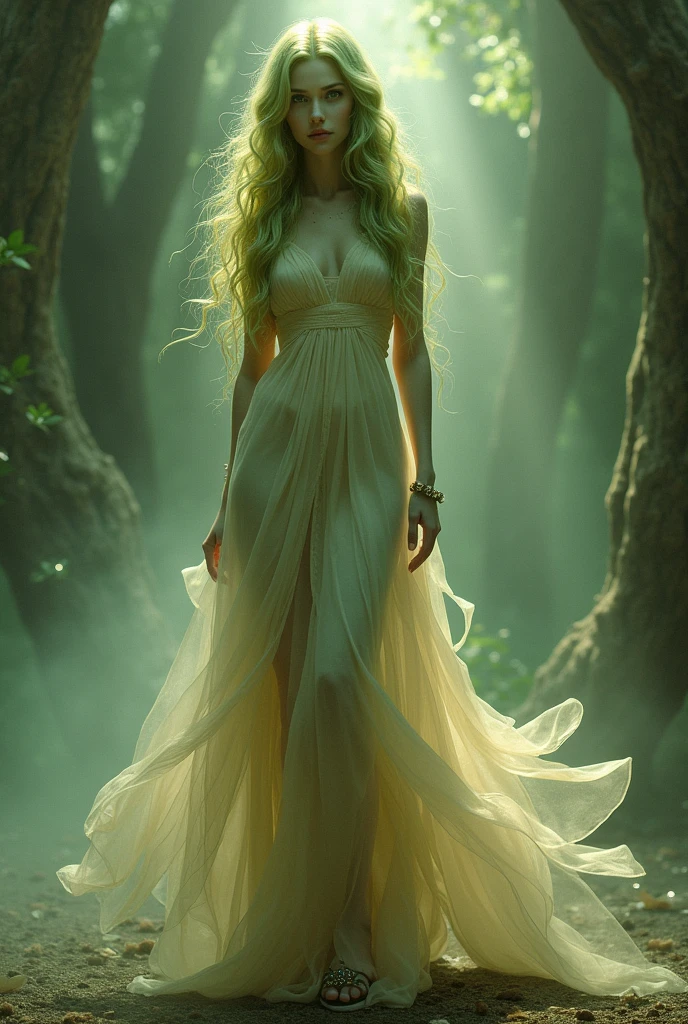 Salsalina has a unique and exotic appearance. She has a humanoid shape with pale greenish skin., that shines with a soft glow. Their hair is long and wavy, with a mix of gold and green, and she wears a flowing dress made of ethereal silk that changes color depending on the light.
The most notable detail is the subtle, but irresistible, smell of smelly feet that she exudes. This scent is a combination of deliciously sweet and earthy fragrances that seem to emanate from your feet., who are adorned with ancient leather sandals and decorated with precious stones. Despite being smelly, the perfume is peculiarly attractive and almost hypnotic.