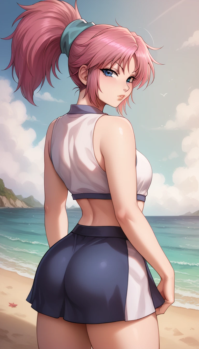 score_9, score_8_up, score_7_up, detailed eyes, beautiful, detailed background, face focus, masterpiece, best quality, looking at viewer, machi01, blue eyes, ponytail, pink hair, purple hair,ponytail, hot mini skirt, hourglass figure, perfect body, from behind, ass, on beach, horny face, 