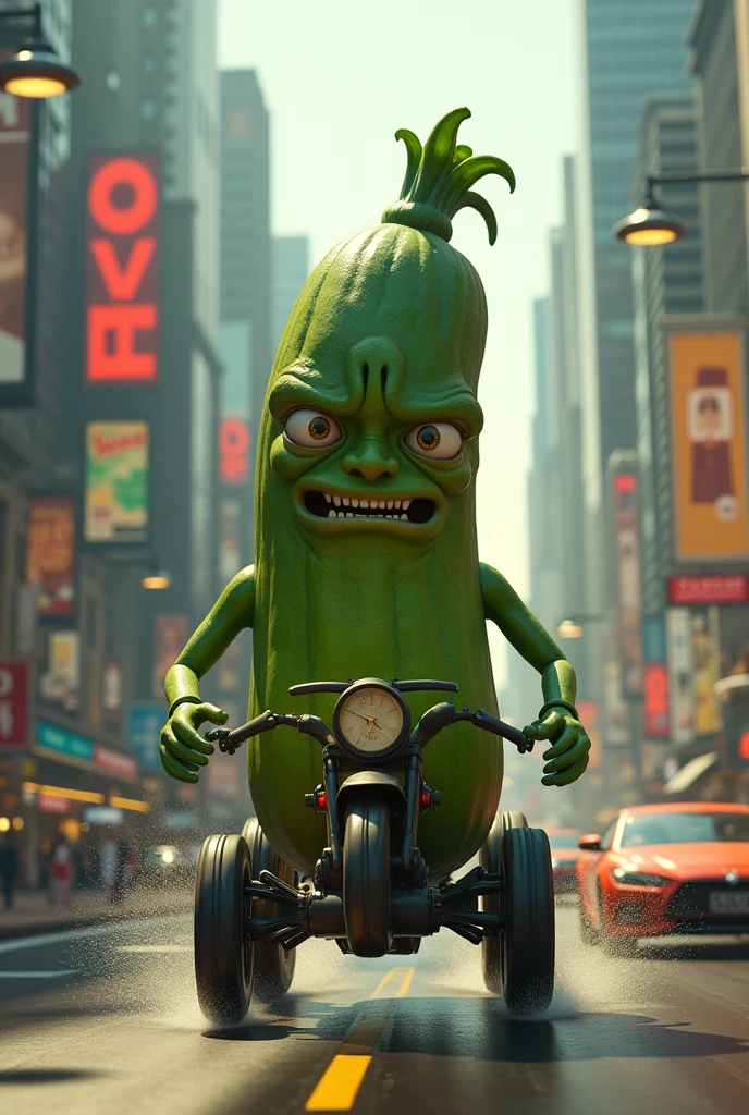 A vegetable zucchini driving very fast in a chaotic city Make it look more like a zucchini