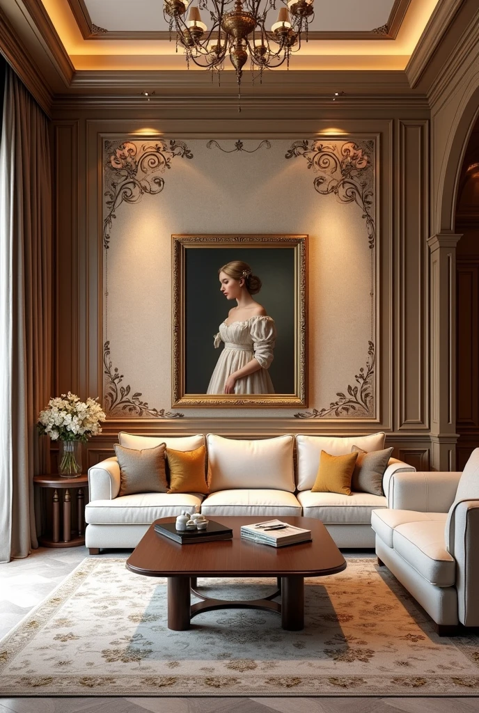 Beautiful classic design full size living room, and wall paper design with beautiful painting art size 25 inches.