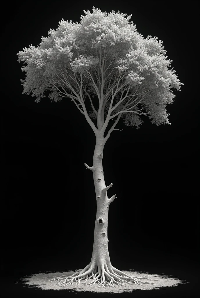 "A highly realistic, monochromatic image of a tree with an unnaturally thin trunk similar to that of a birch tree (Betula spp.), combined with massive, sprawling branches like those of an oak tree (Quercus spp.). The trunk is fragile and stands at 12 meters tall, with a width of only 50 cm, while the branches extend up to 3 meters in width, creating a top-heavy imbalance. The roots, which are shallow and exposed, barely grip the ground, emphasizing the impending collapse of the tree. The entire scene is set against a pitch-black background, with the tree illuminated in varying shades of white and gray to highlight its grotesque and unsettling structure. The focus is entirely on the tree, with no other elements in the scene, creating a sense of discomfort as the image defies the natural laws of physics."
