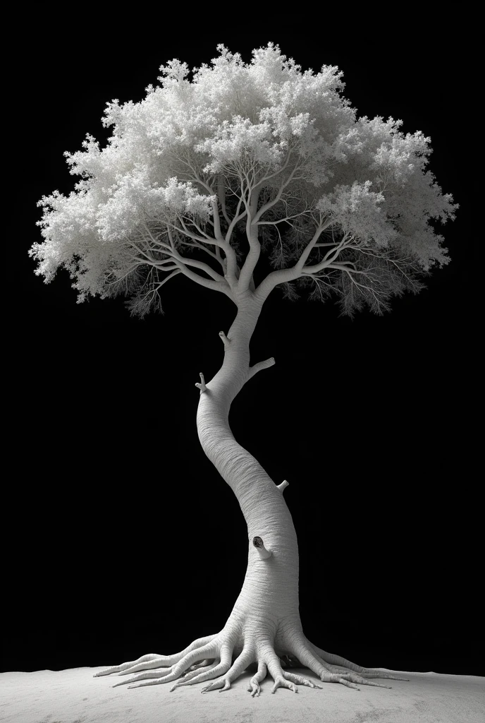 "A highly realistic, monochromatic image of a tree with an unnaturally thin trunk similar to that of a birch tree (Betula spp.), combined with massive, sprawling branches like those of an oak tree (Quercus spp.). The trunk is fragile and stands at 12 meters tall, with a width of only 50 cm, while the branches extend up to 3 meters in width, creating a top-heavy imbalance. The roots, which are shallow and exposed, barely grip the ground, emphasizing the impending collapse of the tree. The entire scene is set against a pitch-black background, with the tree illuminated in varying shades of white and gray to highlight its grotesque and unsettling structure. The focus is entirely on the tree, with no other elements in the scene, creating a sense of discomfort as the image defies the natural laws of physics."