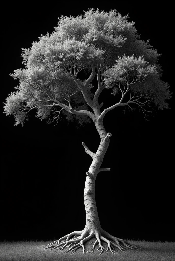 "A highly realistic, monochromatic image of a tree with an unnaturally thin trunk similar to that of a birch tree (Betula spp.), combined with massive, sprawling branches like those of an oak tree (Quercus spp.). The trunk is fragile and stands at 12 meters tall, with a width of only 50 cm, while the branches extend up to 3 meters in width, creating a top-heavy imbalance. The roots, which are shallow and exposed, barely grip the ground, emphasizing the impending collapse of the tree. The entire scene is set against a pitch-black background, with the tree illuminated in varying shades of white and gray to highlight its grotesque and unsettling structure. The focus is entirely on the tree, with no other elements in the scene, creating a sense of discomfort as the image defies the natural laws of physics."