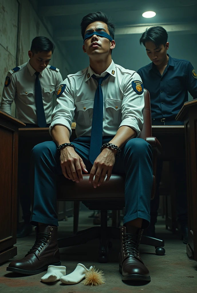 Malaysia malay handsome 23 years police
He laugh very hard
His hand handcuff in abondon warehouse
Blindfolded
handcuff
Police Outfit Blue tie
Focus feet on desk
feather duster on desk
Whitesock on desk
2 evil mafia rub his feet