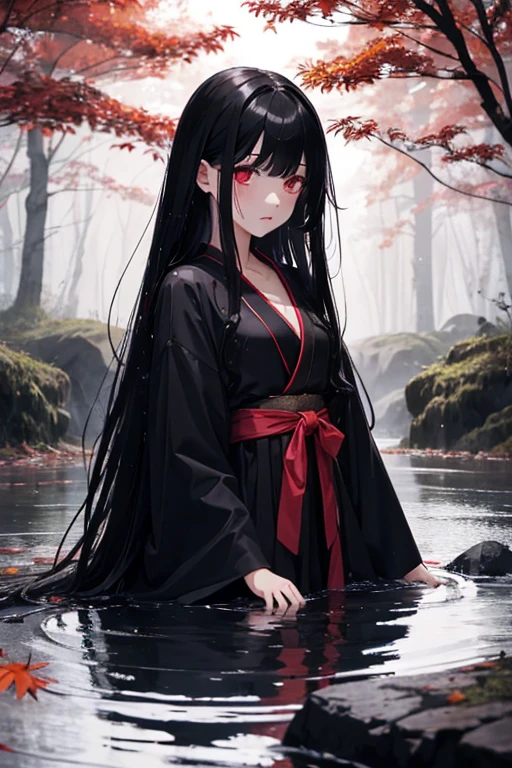 Girl doll, wet black hair, long hair, small chest, red eyes, black kimono, expressionless, dark night, nature, dark forest, Sanzu River, fog, afterlife, ghost story, autumn leaves