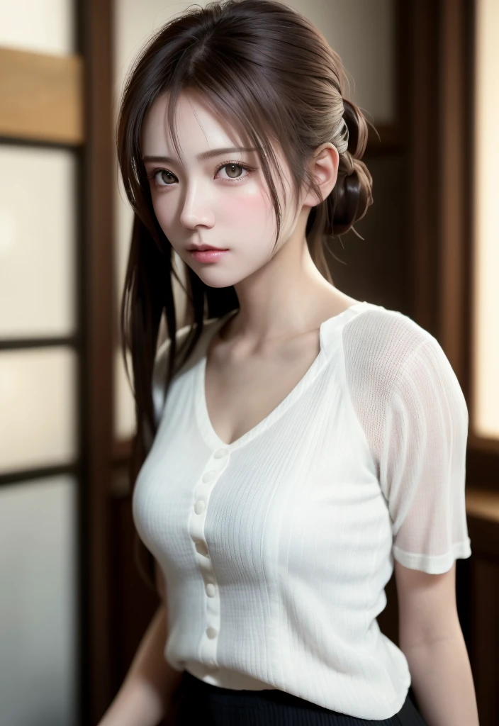8K, of the highest quality, masutepiece:1.2), (Realistic, Photorealsitic:1.37), of the highest quality, masutepiece, Beautiful young woman, Pensive expression, Sweet look, Sexy white shirt、Hair tied back, Messy mood, Cinematic background, Tired, Light skin tone