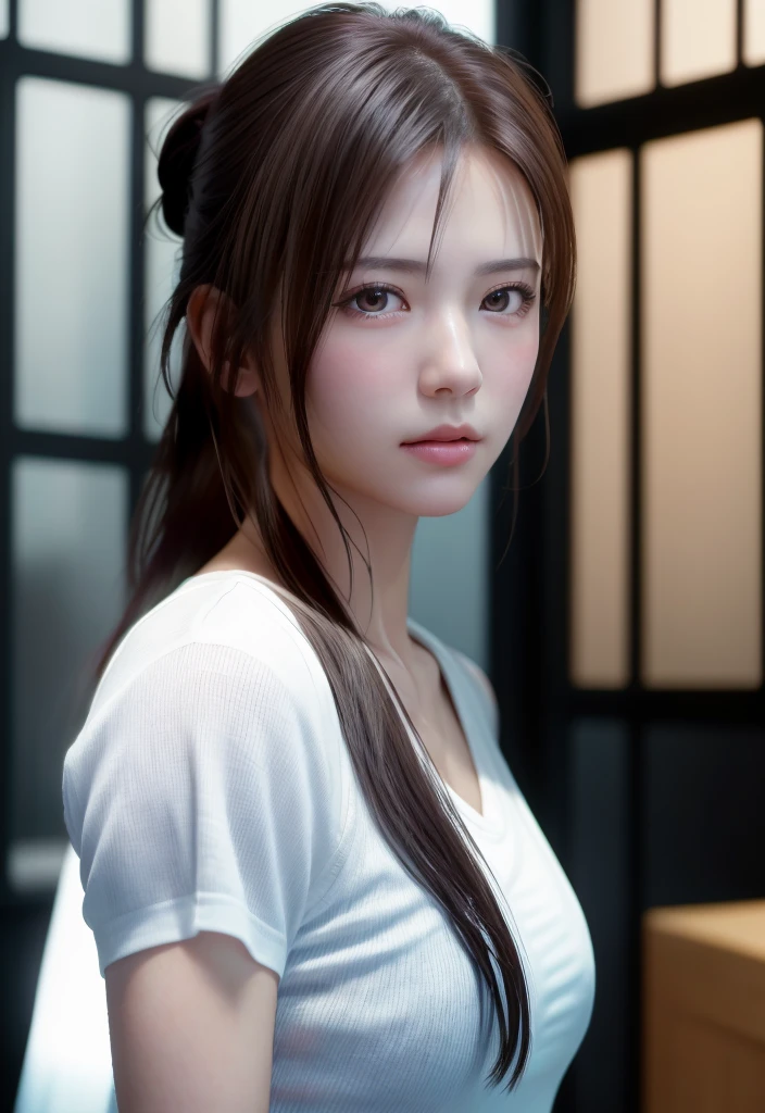 8K, of the highest quality, masutepiece:1.2), (Realistic, Photorealsitic:1.37), of the highest quality, masutepiece, Beautiful young woman, Pensive expression, Sweet look, Sexy white shirt、Hair tied back, Messy mood, Cinematic background, Tired, Light skin tone