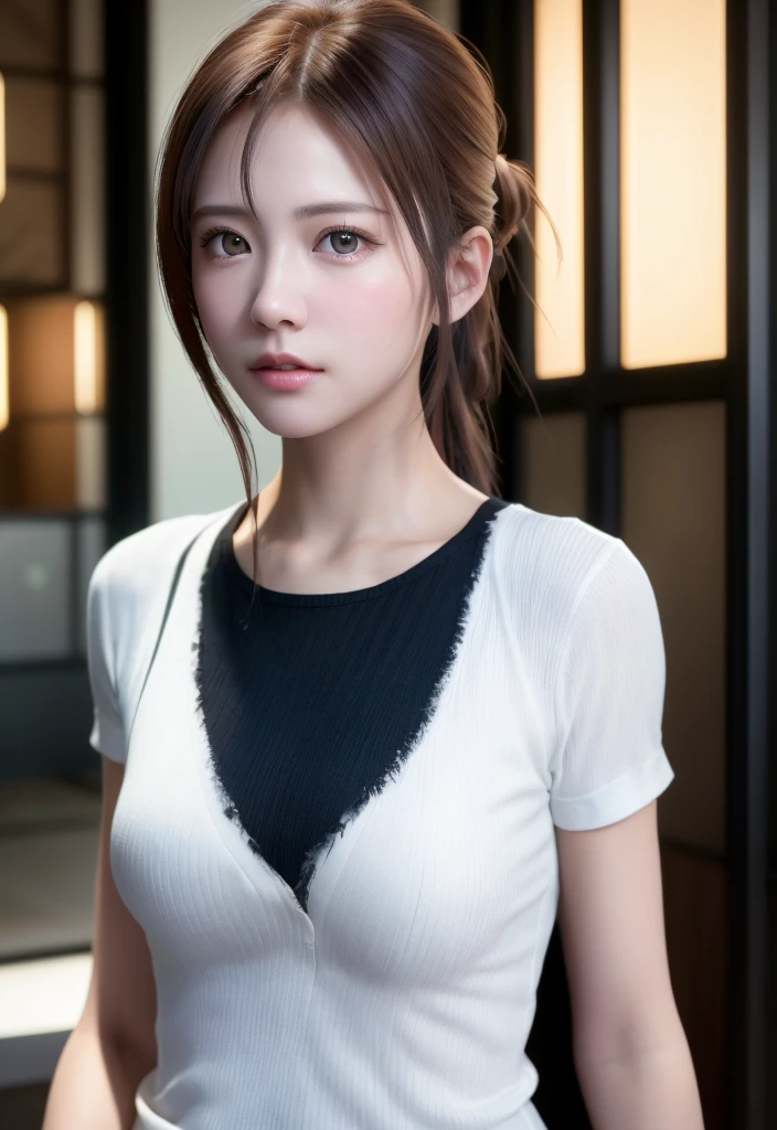 8K, of the highest quality, masutepiece:1.2), (Realistic, Photorealsitic:1.37), of the highest quality, masutepiece, Beautiful young woman, Pensive expression, Sweet look, Sexy white shirt、Hair tied back, Messy mood, Cinematic background, Tired, Light skin tone