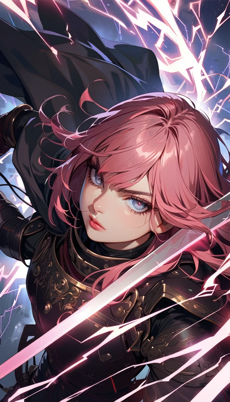 1woman, solo, pink hair, gray eyes, detailed eyes, eyelashes, light lips, 25years old, old Russian Bogatyrs armor, Russian warrior, two swords, lightning,great graphic