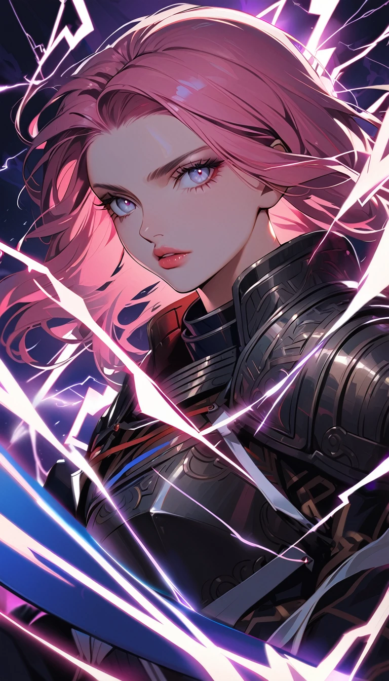 1woman, solo, pink hair, gray eyes, detailed eyes, eyelashes, light lips, 25years old, old Russian Bogatyrs armor, Russian warrior, two swords, lightning,great graphic