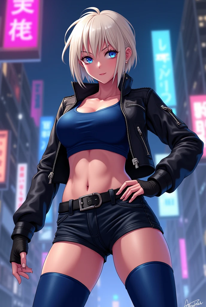 Supergirl, ((tanned young woman, (blonde, blue colored eyes, short hair covering one eye, tanned skin with panty lines, perfectbody, perky breasts, hardnipples), red lipgloss stick, (black leather jacket, with small Superman symbol on the shoulder, tight blue tank top with small Superman symbol on the left side of the chest, exposed abdomen, black leather belt, low waist jeans, Vemeho sneakers), Masterpiece artwork, high qualiy, back-illuminated)) natural lighting, high qualiy, Masterpiece artwork, blonde hair, hair over one eye, sparkling eyes, sparkling eyes, seductive smile, Hyperrealism, image fill, from below, lens flare, 8K, accurate, uhd, anatomically correct, textured skin, super detail, 8K