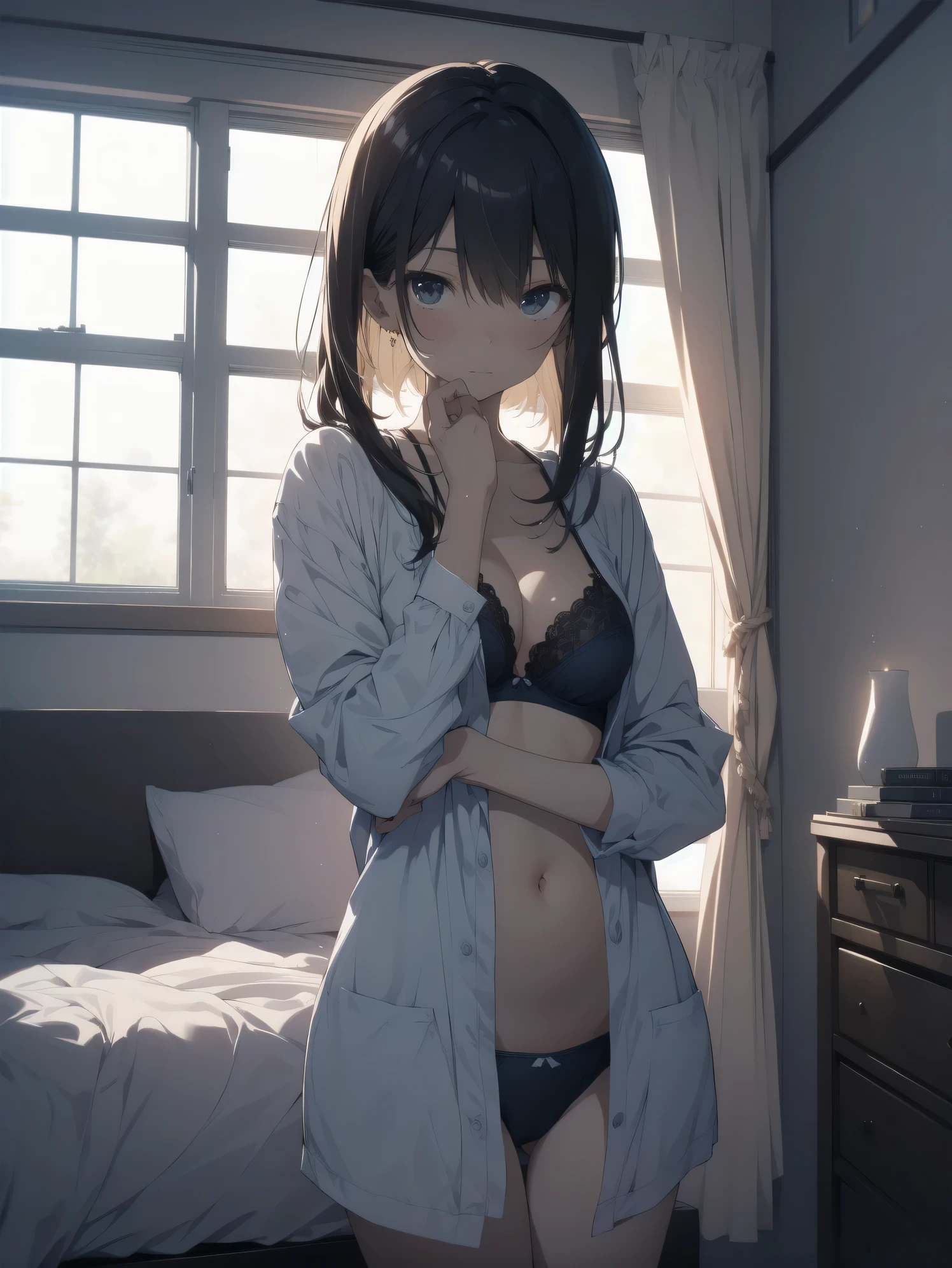 ultra-absurdres-Top quality by artist God, ultra-detailed, high resolution, anime moe artstyle, best anime 8k konachan wallpaper, pixiv contest winner, perfect anatomy,break, 1girl, (Please draw a girl dressing in bedroom alone. )break,(Solo,little female, _face,14yo),glasses, small breasts, beautiful (well-shaped) breasts, (white bra:1.1), navel, groin, butt, small black eyes, beautiful detailed eyes, well-proportioned iris and pupils, highres detailed hair, sweat, expressionless,(moaning:1.1), afterglow, after masturbation, pajama,(dressing, open clothes,open pajama,underwear,),(white bra lift:1.2),wet white panties,pussy juice, heavy breathing, steam breath,(Detailed Lighting), (Detailed background),indoors, bed, in the bedroom. break,super detailed skin, shiny skin, Best sexual lighting powered by famous artist, 8k,beauty illustration,photoshop_(medium),very aesthetic,break,((artist:takeuchi_takashi )), artist:clamp ,artist:carnelian ,artist:kantoku ,
