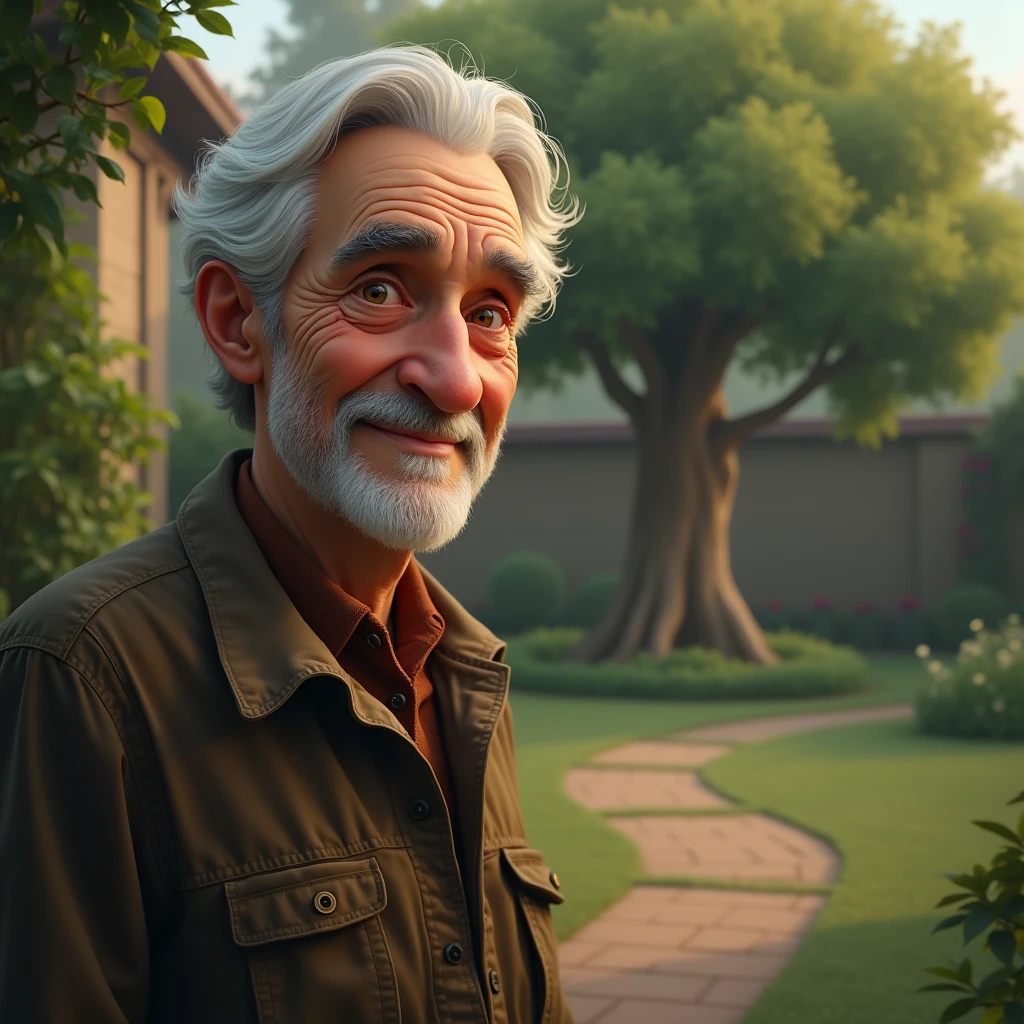 Moral of the Story:** A final image showing the elderly man smiling wisely, his eyes conveying a deep understanding of life's challenges and growth. The background is the same peaceful garden, with the grown tree visible.