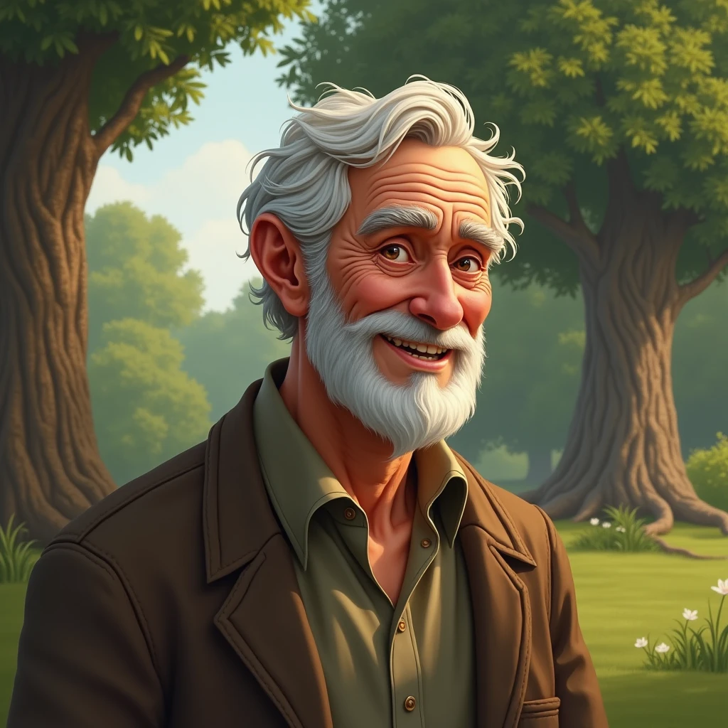 Moral of the Story:** A final image showing the elderly man smiling wisely, his eyes conveying a deep understanding of life's challenges and growth. The background is the same peaceful garden, with the grown tree visible.