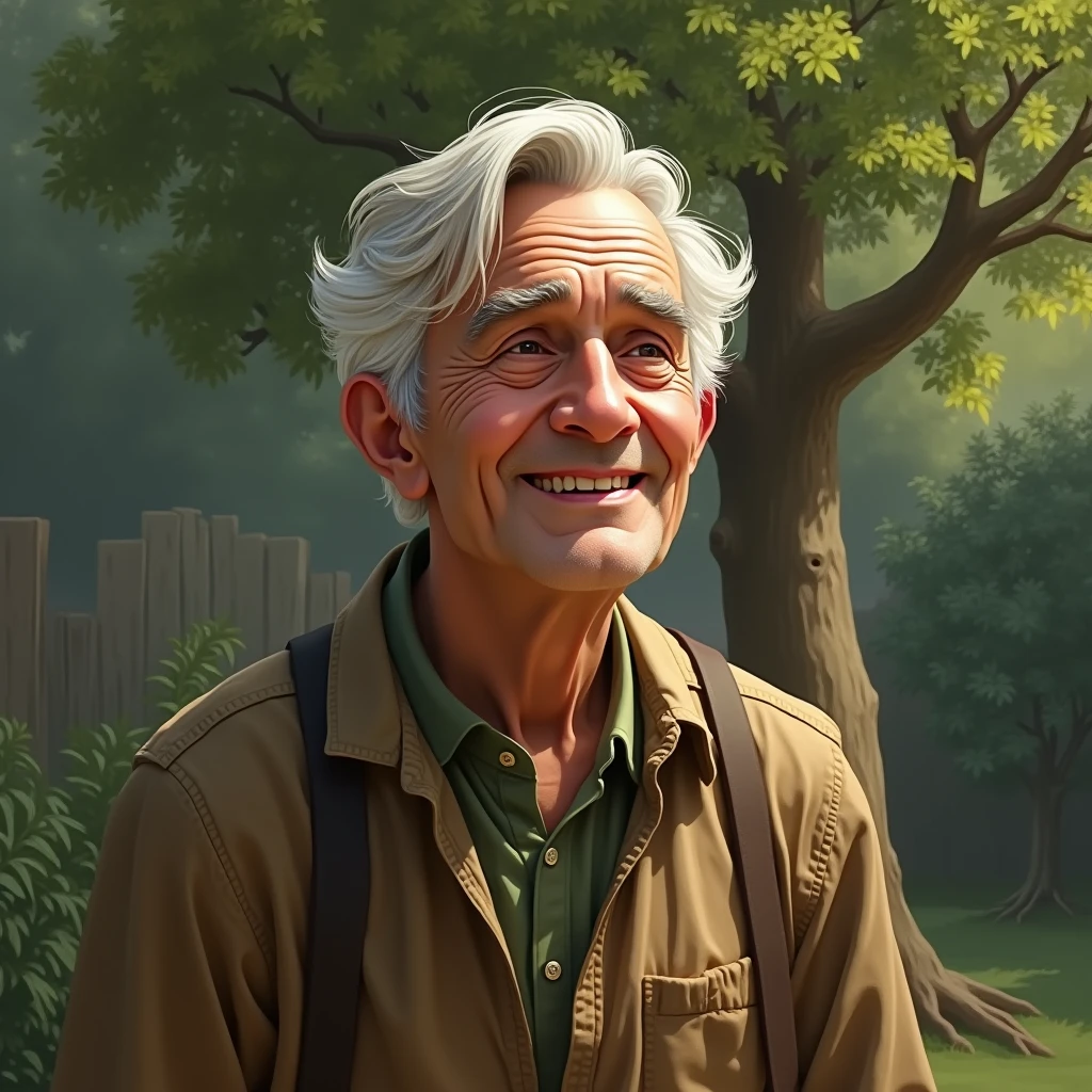 Moral of the Story:** A final image showing the elderly man smiling wisely, his eyes conveying a deep understanding of life's challenges and growth. The background is the same peaceful garden, with the grown tree visible.