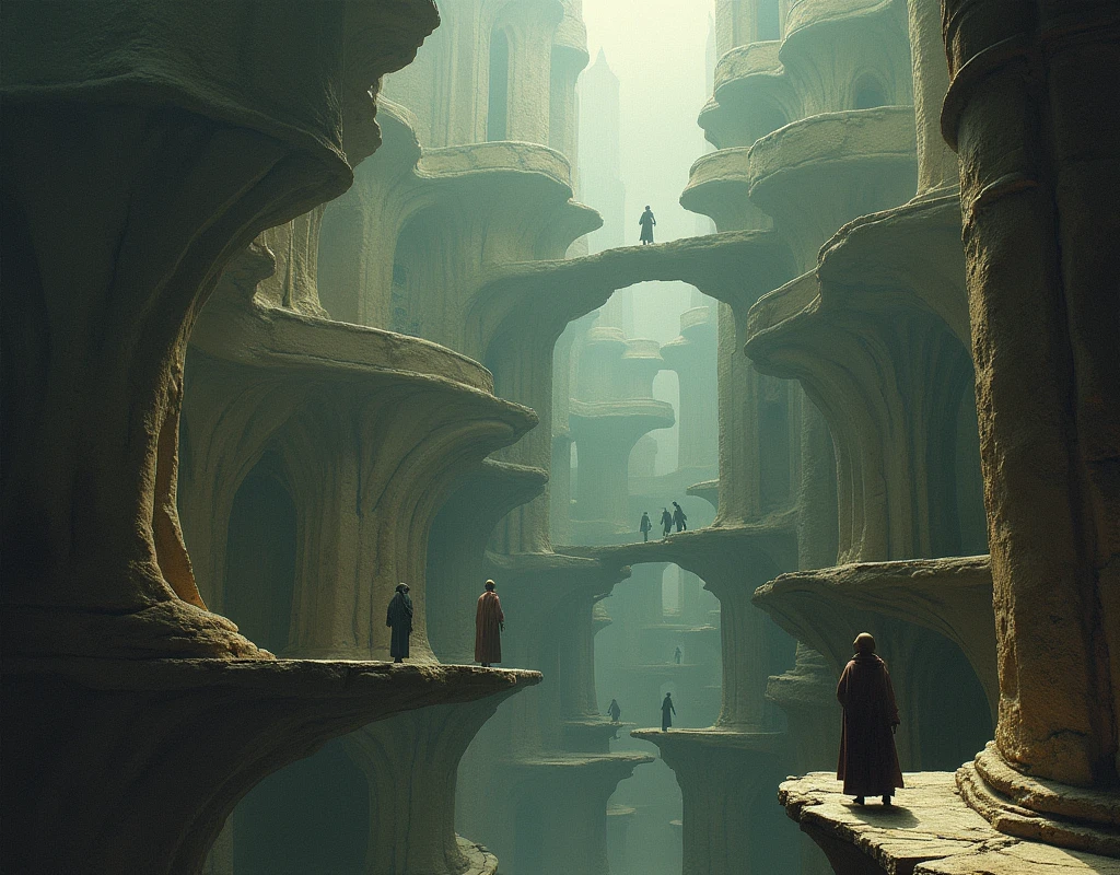 Gigantesque manoir labyrinthe sens dessus dessous, defying the laws of physics, and destroying the sense of gravity, marcher sur les mur sans tomber, walk on the ceiling without falling,