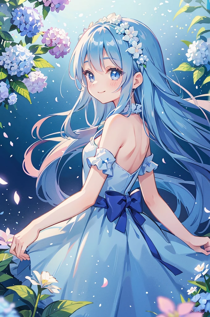 The back of a young girl with long blue hair, blue eyes, wearing a royal dress with flowers attached, smiling face, surrounded by hydrangea petals flying in the wind, magical and shimmering colors, magical and sparkling effects, panoramic view from afar