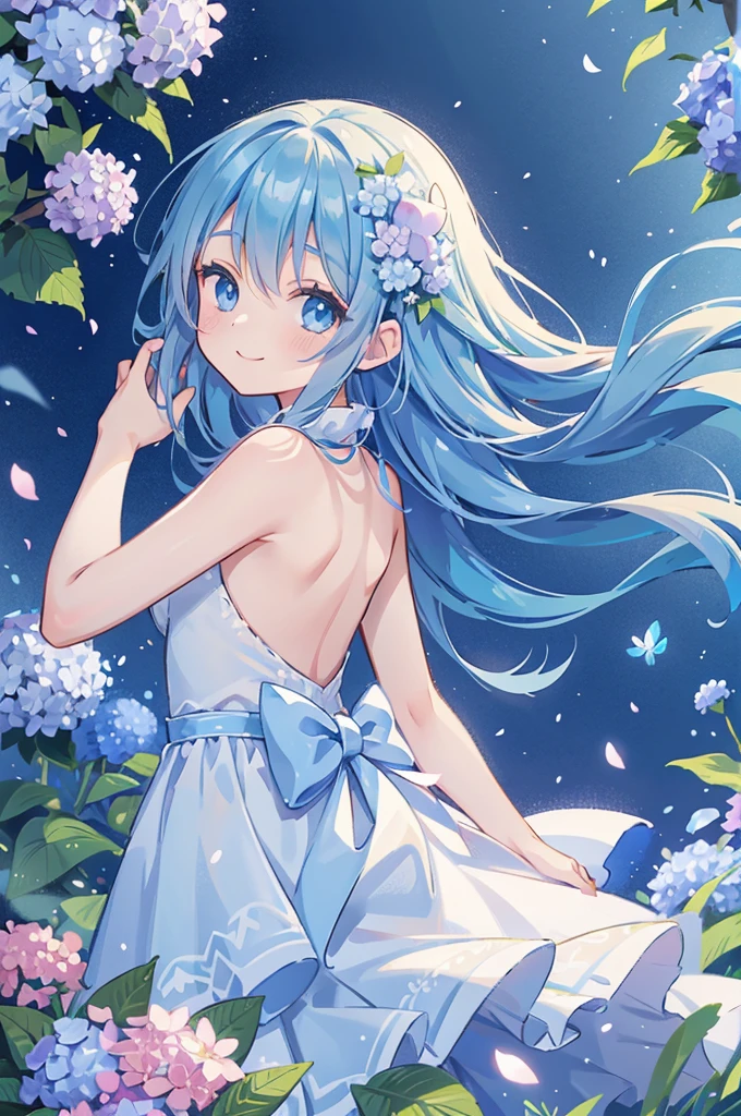 The back of a young girl with long blue hair, blue eyes, wearing a royal dress with flowers attached, smiling face, surrounded by hydrangea petals flying in the wind, magical and shimmering colors, magical and sparkling effects, panoramic view from afar