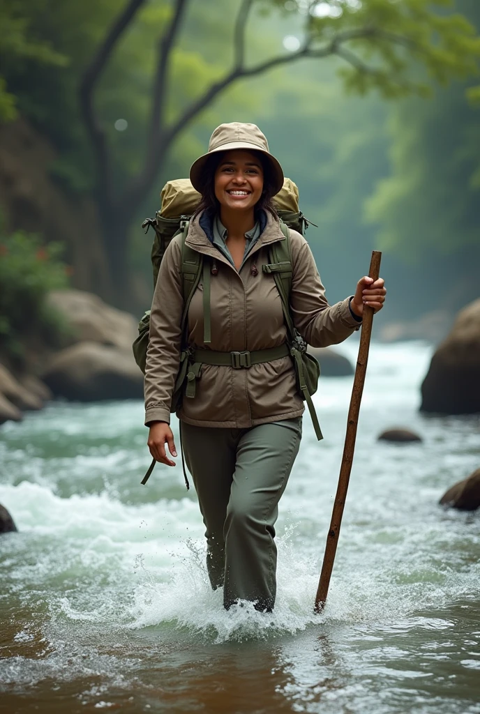Photorealism 1.4 realistic realism high detailed definition  Malay adult women crossing river river stream wearing adventure attirecamping  backpack smile  hold stick   river stream  water level at waist
