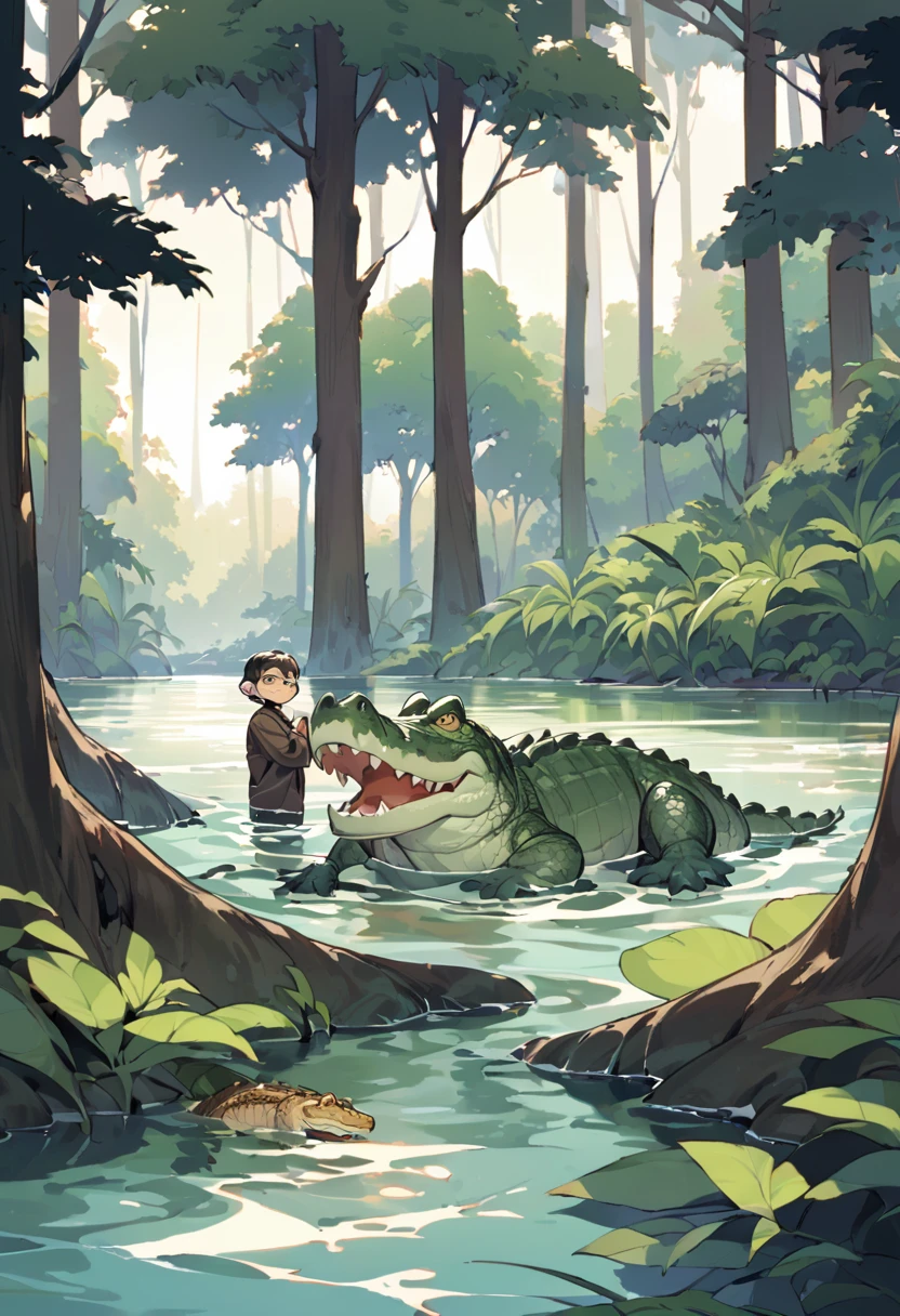 A cunning crocodile partially submerged in the river, inviting a hesitant monkey on the riverbank to join him for a swim. The monkey looks thoughtful, scratching his chin, while the crocodile maintains a persuasive, sly smile. The surrounding forest is peaceful with tall trees and clear water."