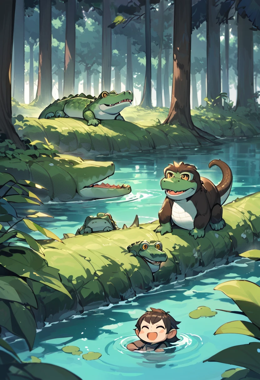 A cunning crocodile partially submerged in the river, inviting a hesitant monkey on the riverbank to join him for a swim. The monkey looks thoughtful, scratching his chin, while the crocodile maintains a persuasive, sly smile. The surrounding forest is peaceful with tall trees and clear water."
