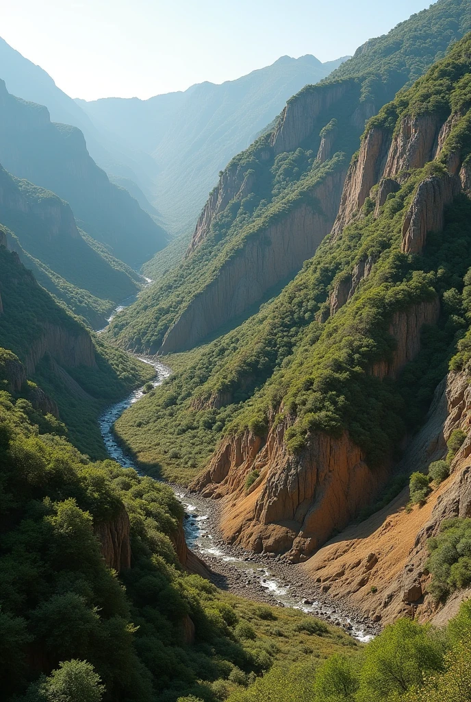 mountainous landscape with very steep slopes (higher than 70%) covered by a mixture of shrubs and trees, highlighting how vegetation stabilizes the soil. Soil, superficial or stony, must reflect its unsuitability for agriculture or livestock farming. Climatic diversity can be represented by different types of vegetation. besides, Erosion prevention should be included, showing how vegetation protects soil from displacement in uncovered areas