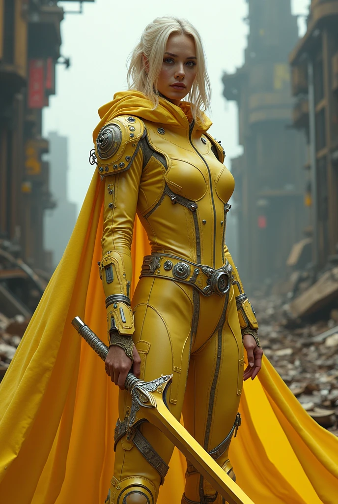 Woman, black eyes,pale yellow hair, cuberpunk pale yellow  iron costume, gold sword in hand cuberpunk, cuberpunk pale yellow cloak