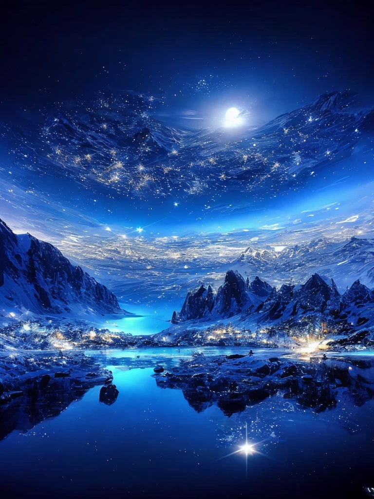 Mountain views of lakes and full moons, Magnificent background, Art fantastique grand angle, magical sparkling lake, galactic landscape, 4k highly detailed digital art, amazing background, intricate sparkling atmosphere, alien breathtaking landscape, surreal frozen landscape, amazing wallpapers, cosmic starry sky, Surreal space, breathtaking digital art, Beautiful alien landscape, Sci-fi fantasy wallpaper