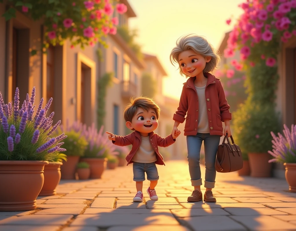two friends, one is 2 and the other, 30 years come down a typical street in Provence, talking and smiling. One of them points to something just ahead.. Bougainvilleas and lavenders planted in pots. sunset behind.