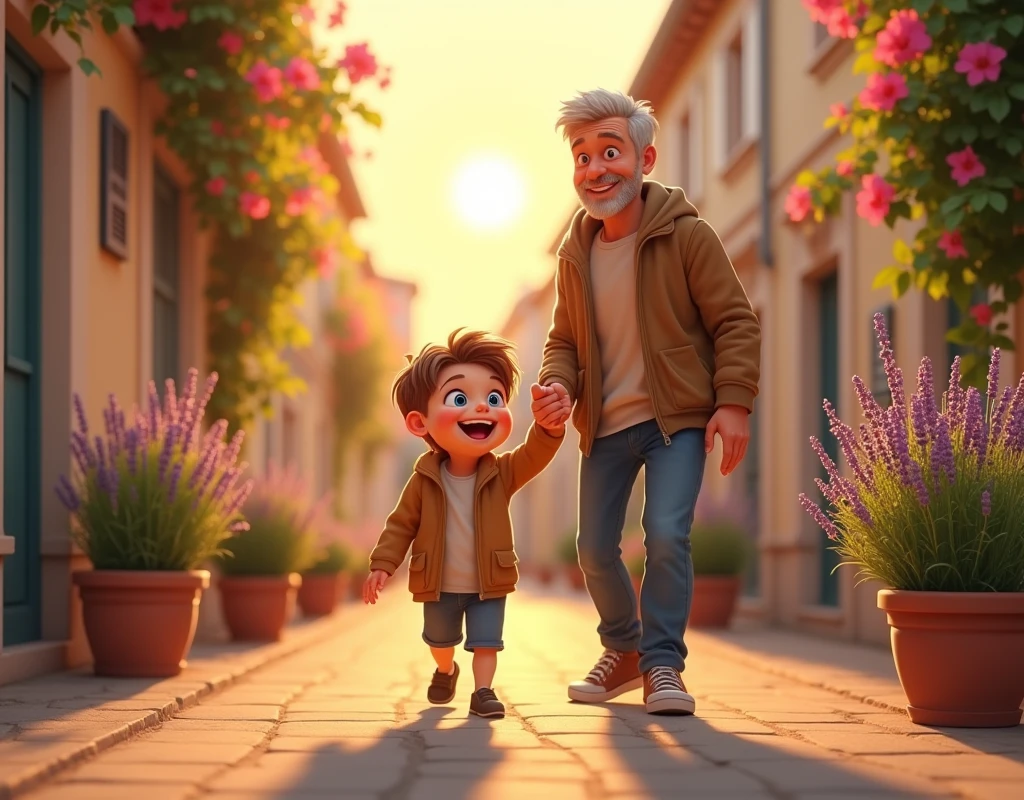 two friends, one is 2 and the other, 30 years come down a typical street in Provence, talking and smiling. One of them points to something just ahead.. Bougainvilleas and lavenders planted in pots. sunset behind.