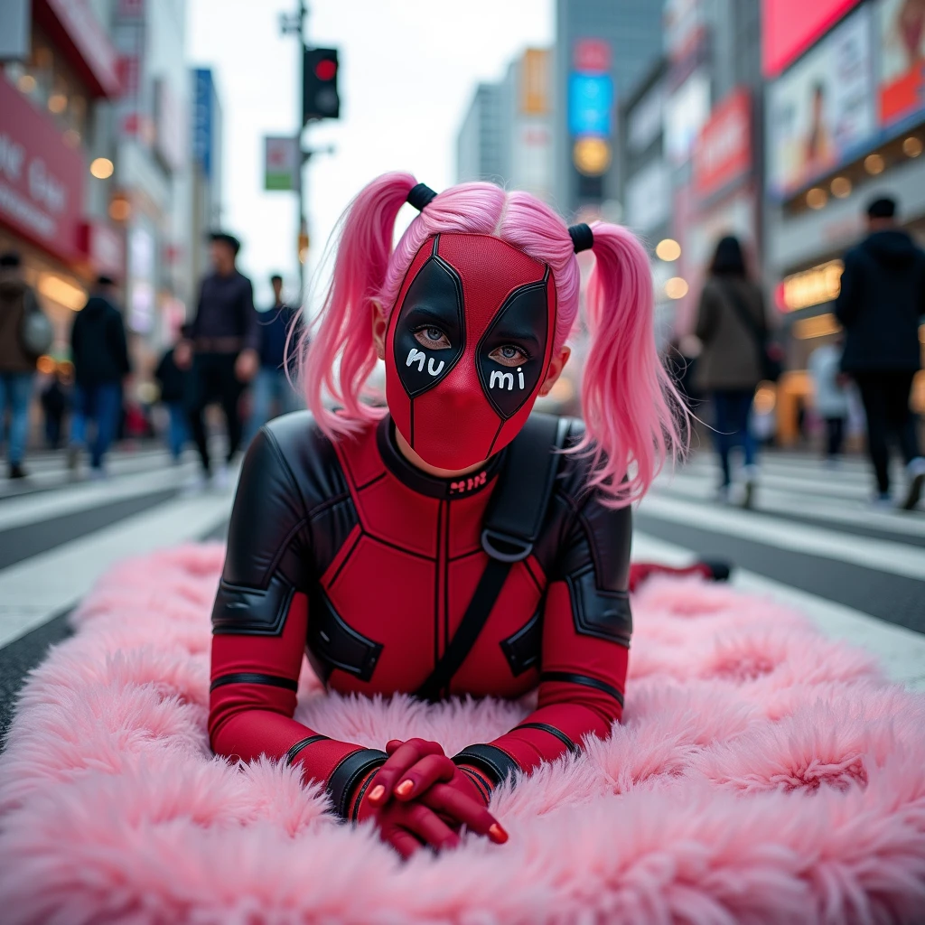 ((Highest quality)), ((masterpiece)), (photograph), ((low angle shot)), ((40 years old)), ((Japanese women)), ((Deadpool costume and mask)), (((The word &quot;mu mi&quot; is written in white letters on the mouth.))), Deadpool woman with pink hair and twin tails, Lying on a fluffy pink bath mat at Tokyo&#39;s Scramble Crossing, Surrounded by passers-by,